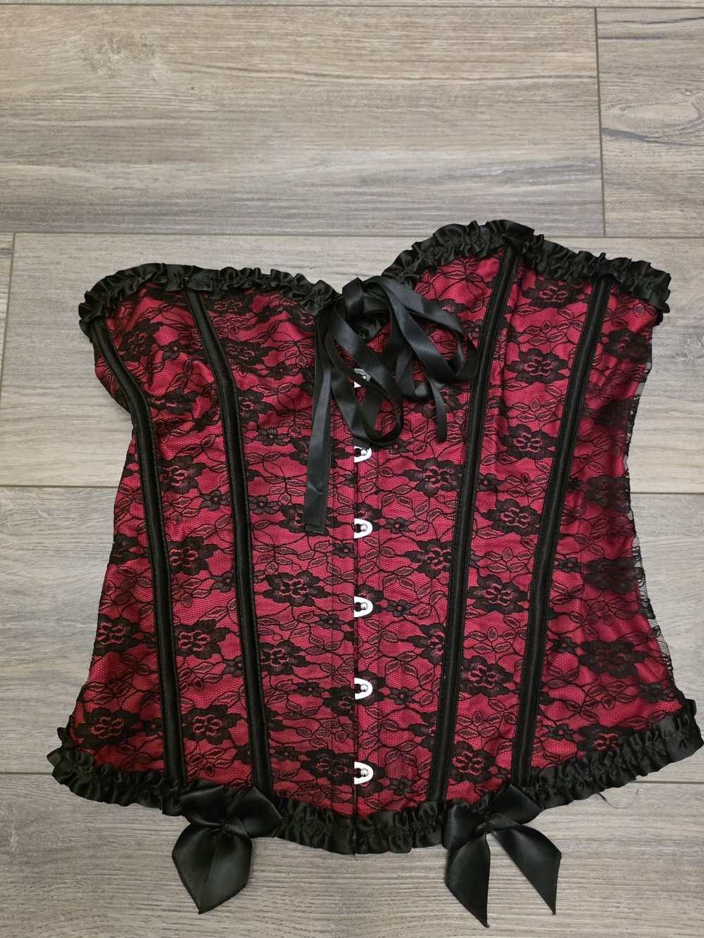 Red Lace Satin Corset Bustier with Black Trim